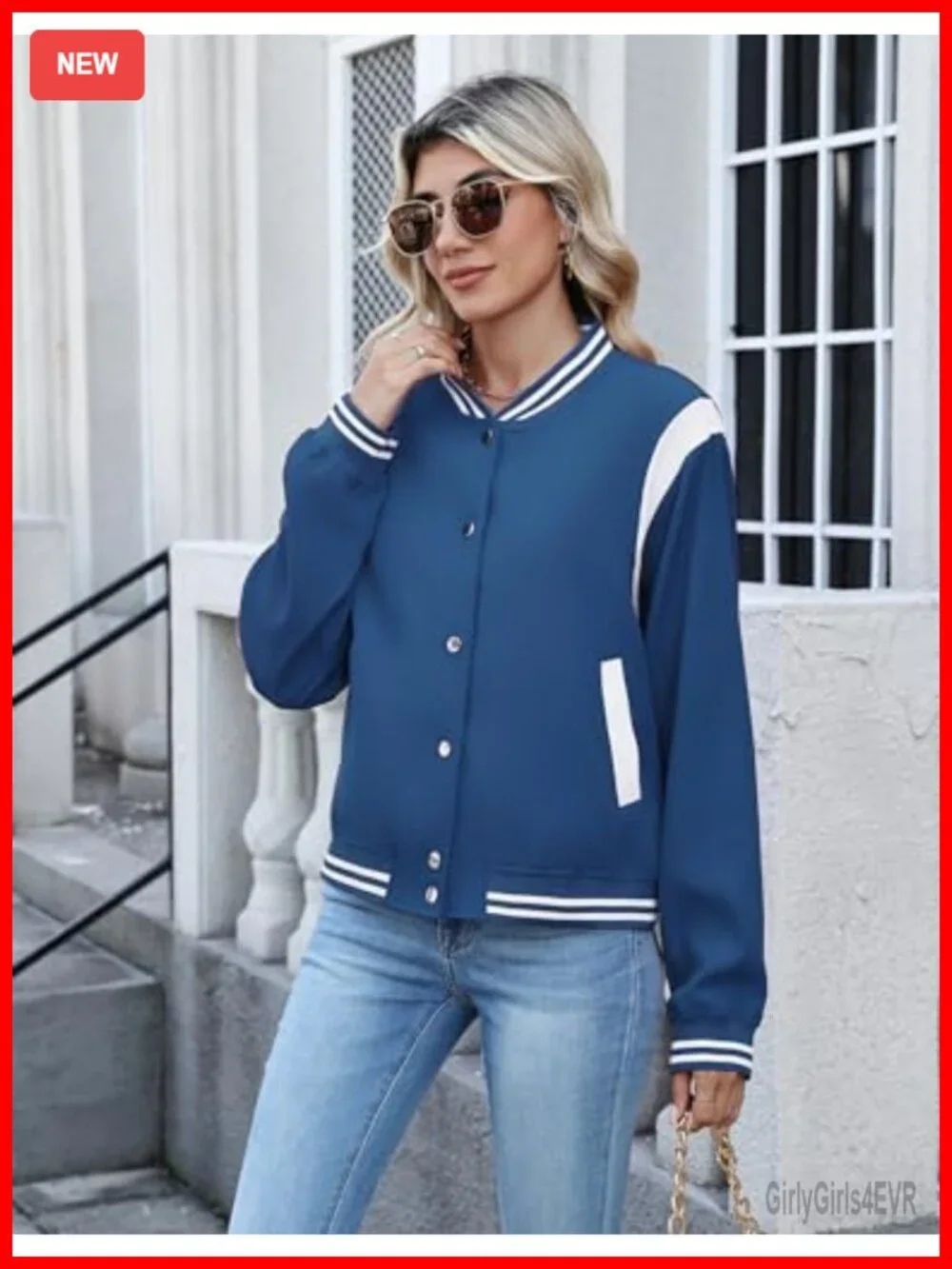 Women's Bomber Jacket Varsity Snap Button Lightweight Casual Letterman with